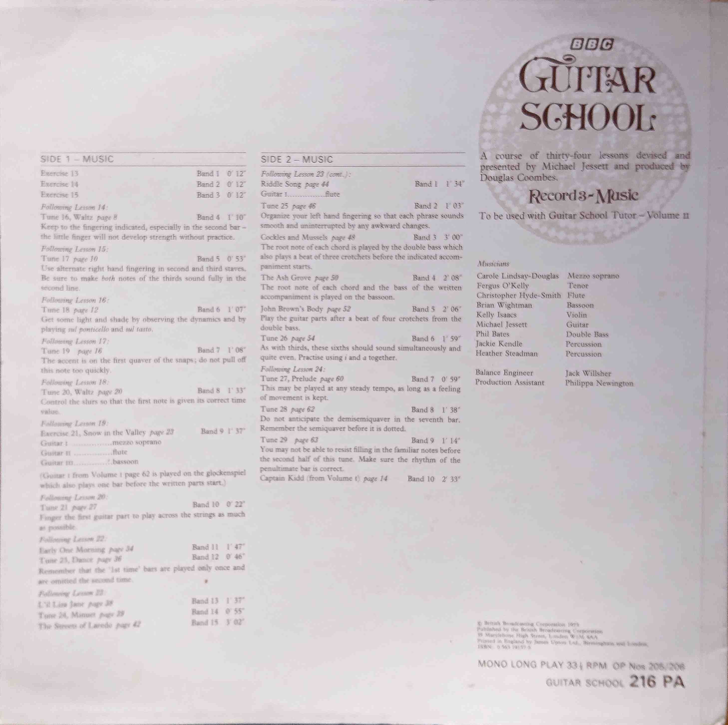 Picture of OP 205/206 Guitar school - Record 3 - Music by artist Michael Jessett from the BBC records and Tapes library